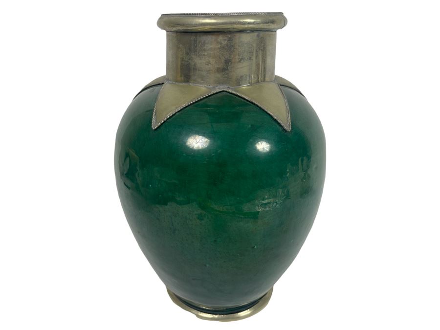 Green Pottery Vase With Metal Accents 11H [Photo 1]