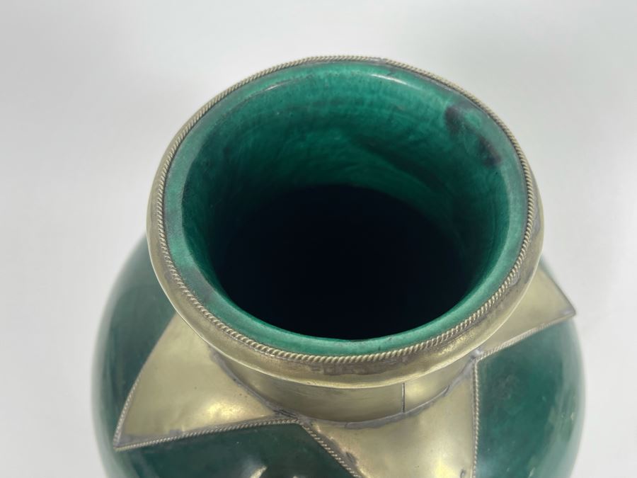 Green Pottery Vase With Metal Accents 11H [Photo 5]