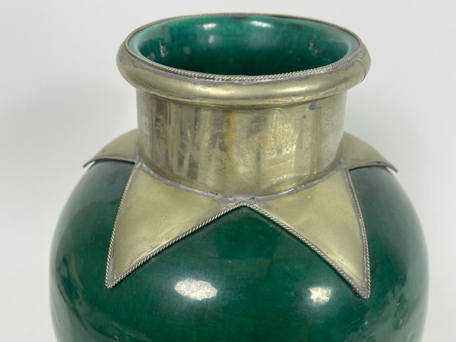 Green Pottery Vase With Metal Accents 11H [Photo 4]