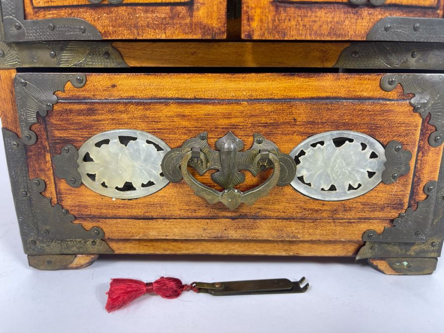 Vintage Chinese Jewelry Chest Box With Brass And Jadeite Accents 8W X 6D X 12.5H [Photo 7]