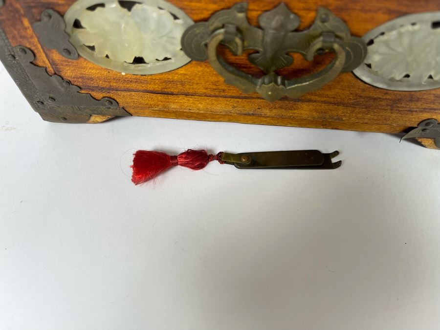 Vintage Chinese Jewelry Chest Box With Brass And Jadeite Accents 8W X 6D X 12.5H [Photo 8]