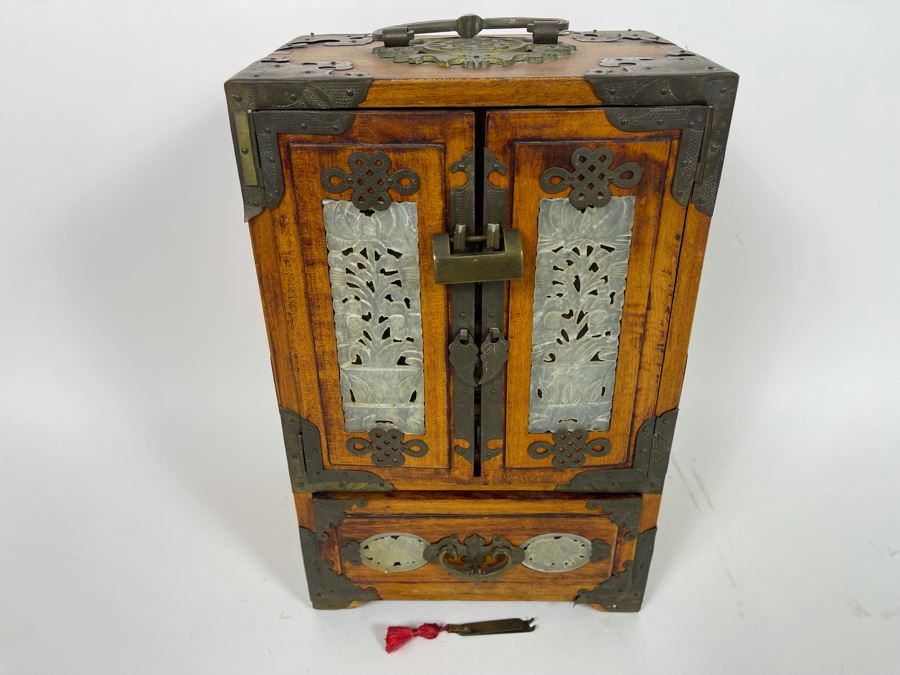 Vintage Chinese Jewelry Chest Box With Brass And Jadeite Accents 8W X 6D X 12.5H [Photo 2]