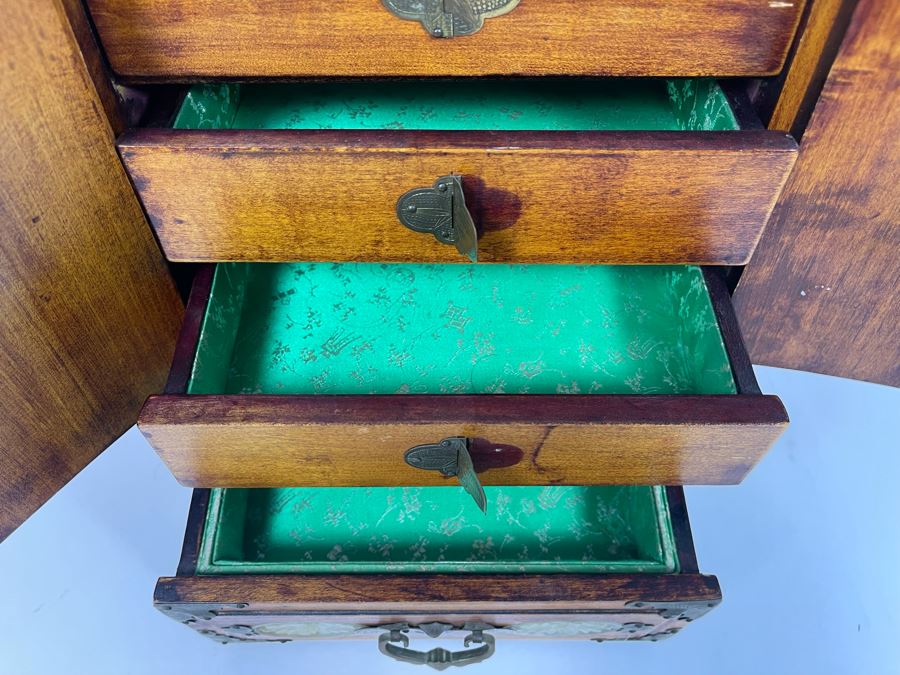 Vintage Chinese Jewelry Chest Box With Brass And Jadeite Accents 8W X 6D X 12.5H [Photo 17]