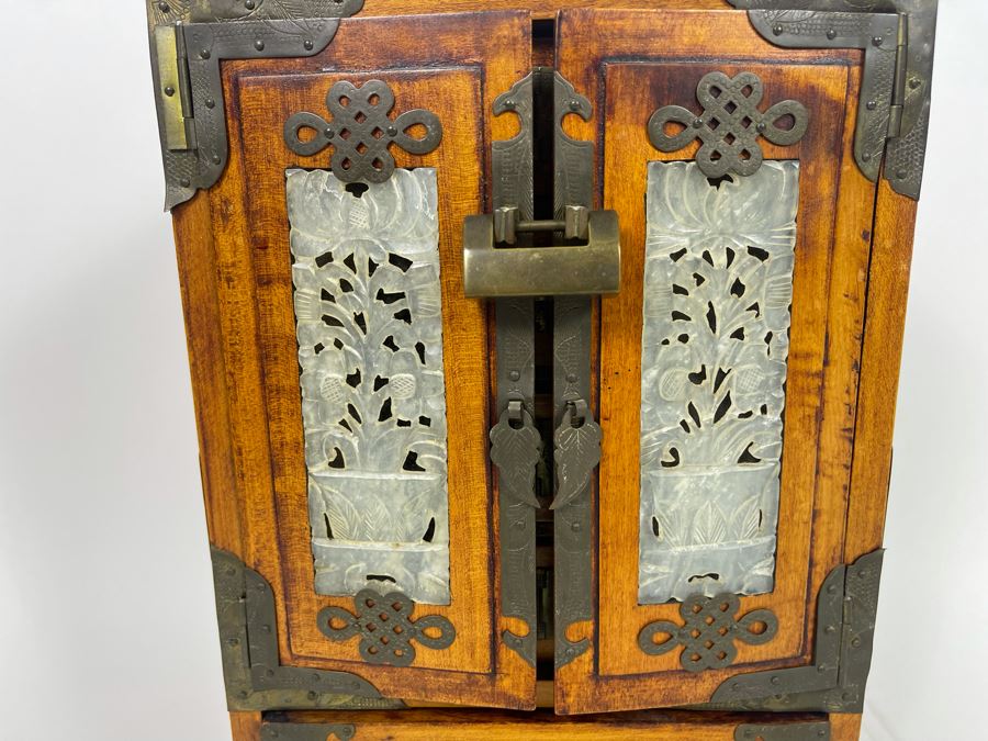 Vintage Chinese Jewelry Chest Box With Brass And Jadeite Accents 8W X 6D X 12.5H [Photo 5]