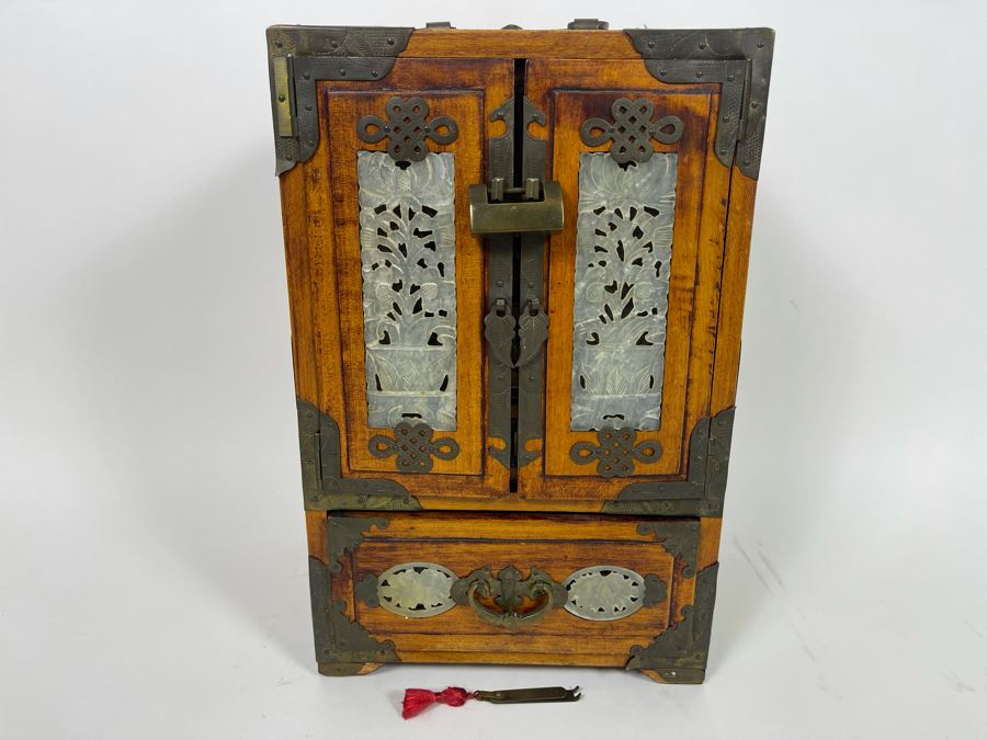 Vintage Chinese Jewelry Chest Box With Brass And Jadeite Accents 8W X 6D X 12.5H [Photo 3]
