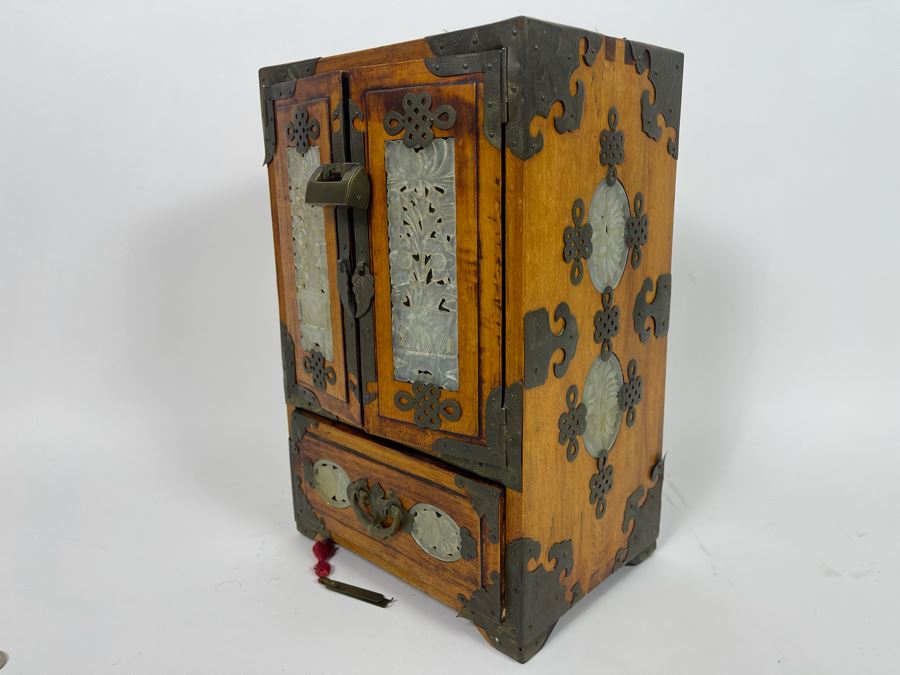 Vintage Chinese Jewelry Chest Box With Brass And Jadeite Accents 8W X 6D X 12.5H [Photo 10]