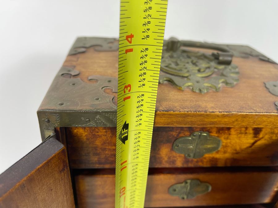 Vintage Chinese Jewelry Chest Box With Brass And Jadeite Accents 8W X 6D X 12.5H [Photo 20]