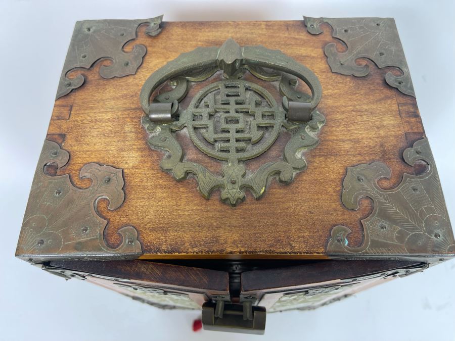 Vintage Chinese Jewelry Chest Box With Brass And Jadeite Accents 8W X 6D X 12.5H [Photo 9]