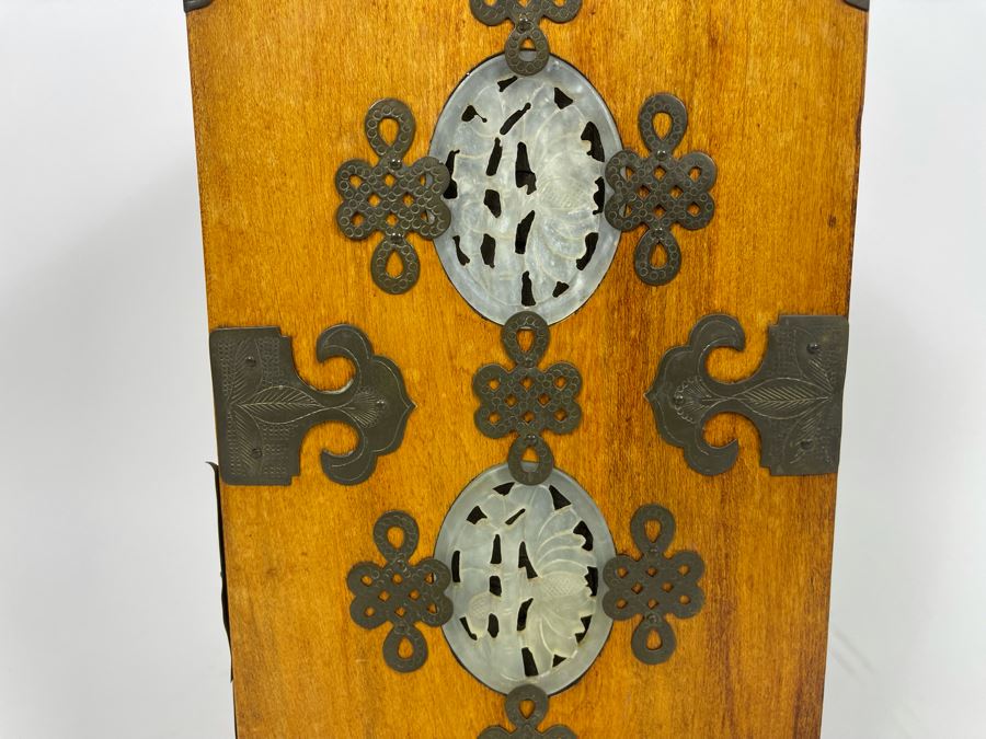 Vintage Chinese Jewelry Chest Box With Brass And Jadeite Accents 8W X 6D X 12.5H [Photo 12]