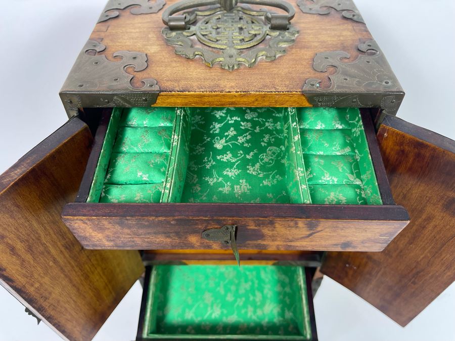 Vintage Chinese Jewelry Chest Box With Brass And Jadeite Accents 8W X 6D X 12.5H [Photo 15]