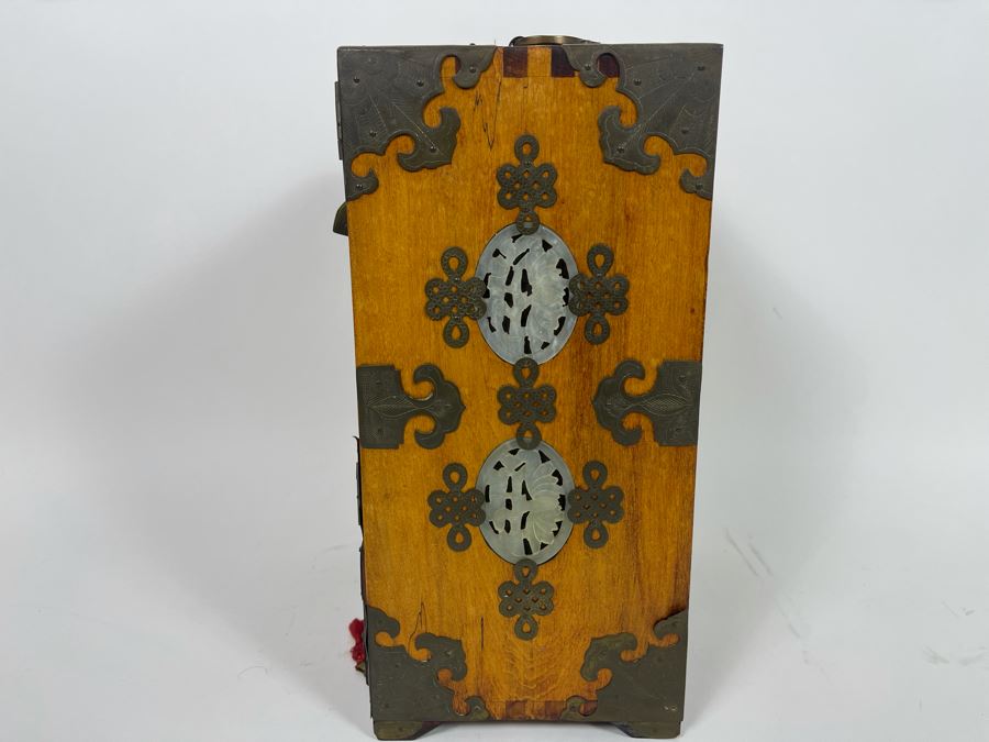 Vintage Chinese Jewelry Chest Box With Brass And Jadeite Accents 8W X 6D X 12.5H [Photo 11]