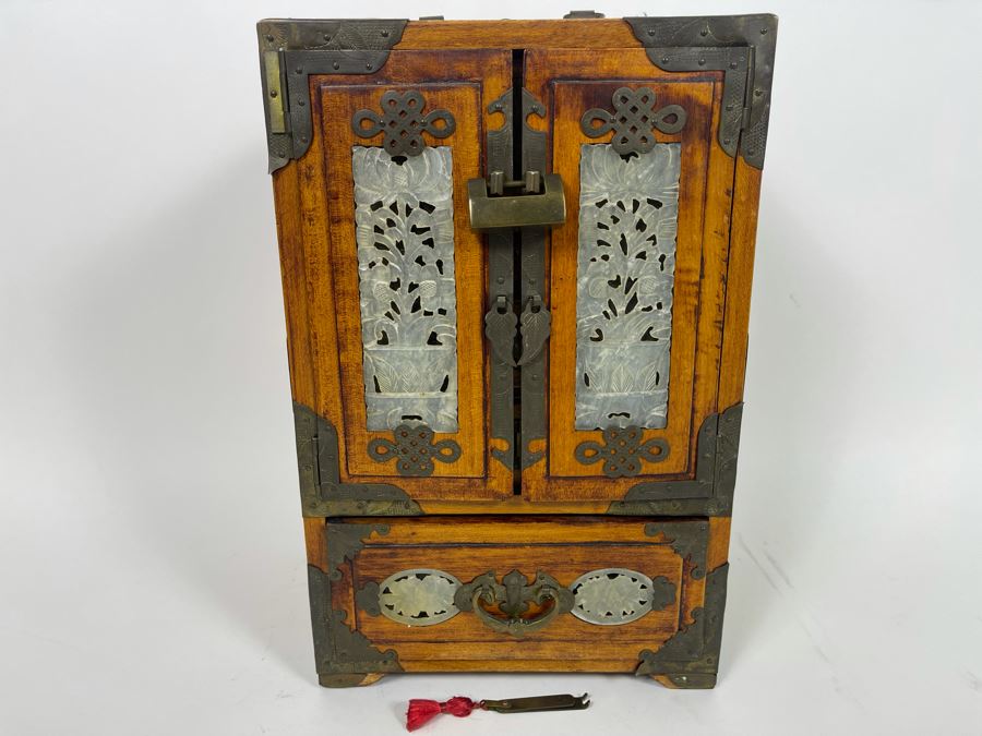 Vintage Chinese Jewelry Chest Box With Brass And Jadeite Accents 8W X 6D X 12.5H [Photo 4]