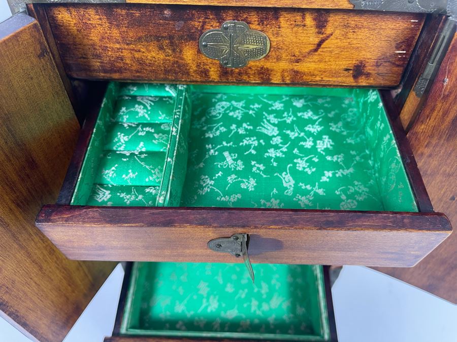 Vintage Chinese Jewelry Chest Box With Brass And Jadeite Accents 8W X 6D X 12.5H [Photo 16]