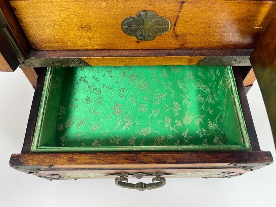 Vintage Chinese Jewelry Chest Box With Brass And Jadeite Accents 8W X 6D X 12.5H [Photo 14]