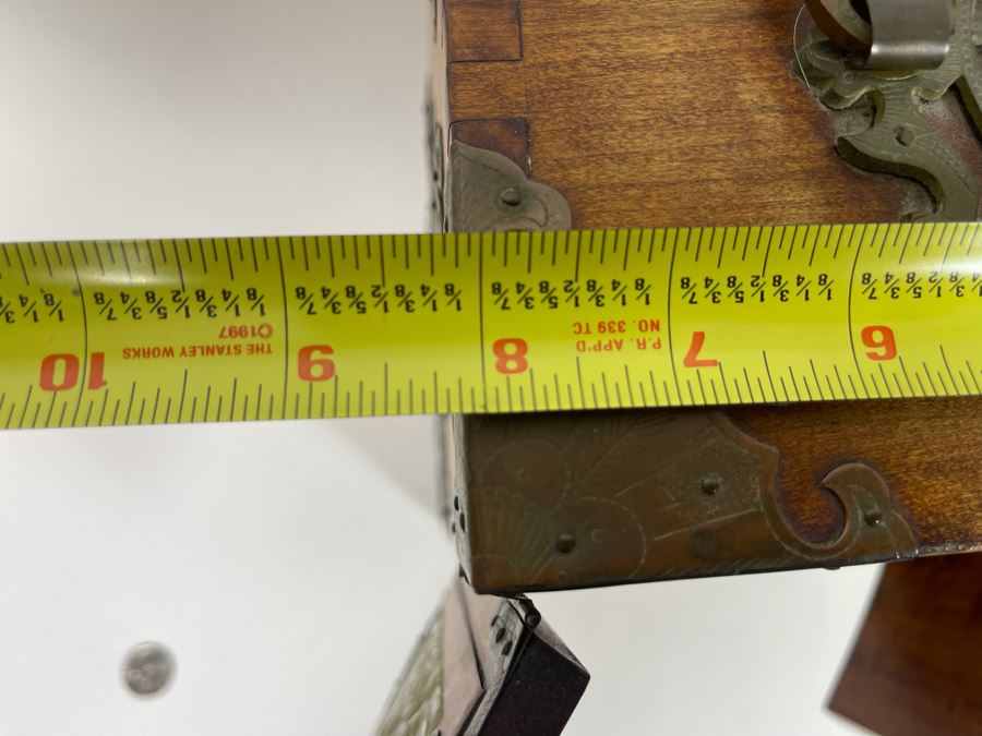 Vintage Chinese Jewelry Chest Box With Brass And Jadeite Accents 8W X 6D X 12.5H [Photo 18]