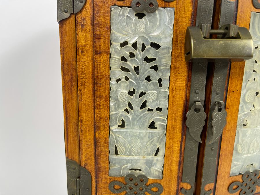 Vintage Chinese Jewelry Chest Box With Brass And Jadeite Accents 8W X 6D X 12.5H [Photo 6]