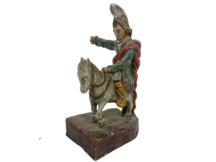 Vintage Hand-Painted Wooden Man On Horse Sculpture 5W X 3.25D X 9H