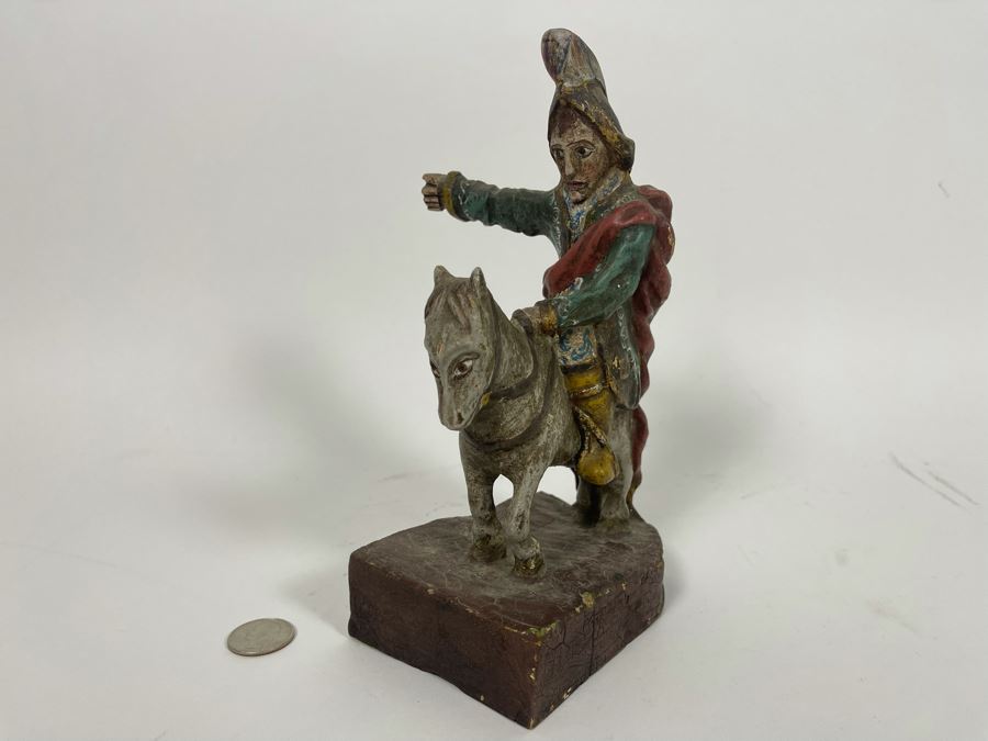 Vintage Hand-Painted Wooden Man On Horse Sculpture 5W X 3.25D X 9H [Photo 3]