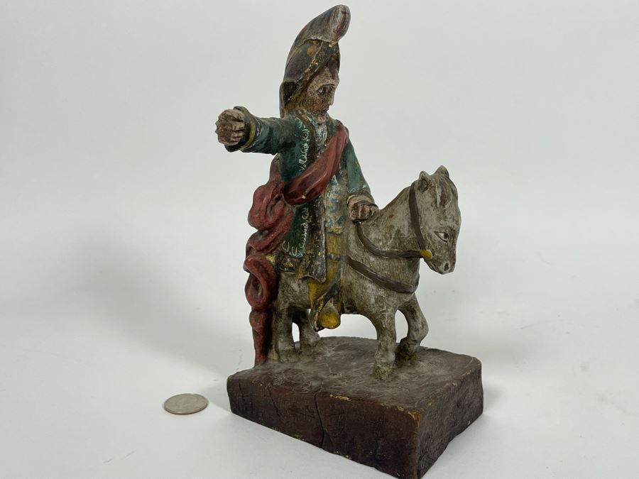 Vintage Hand-Painted Wooden Man On Horse Sculpture 5W X 3.25D X 9H [Photo 8]