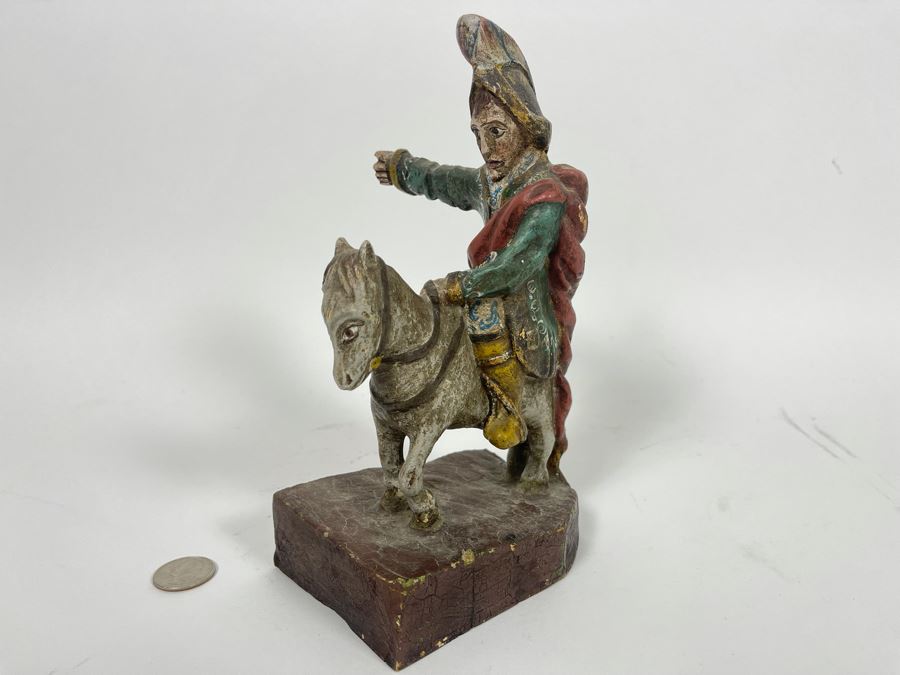 Vintage Hand-Painted Wooden Man On Horse Sculpture 5W X 3.25D X 9H [Photo 2]