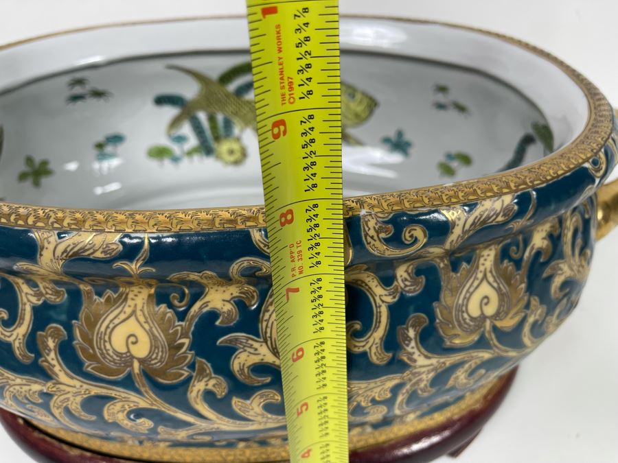 Contemporary Chinese Bowl With Handles And Wooden Stand 17W X 10.5D X 8H [Photo 10]