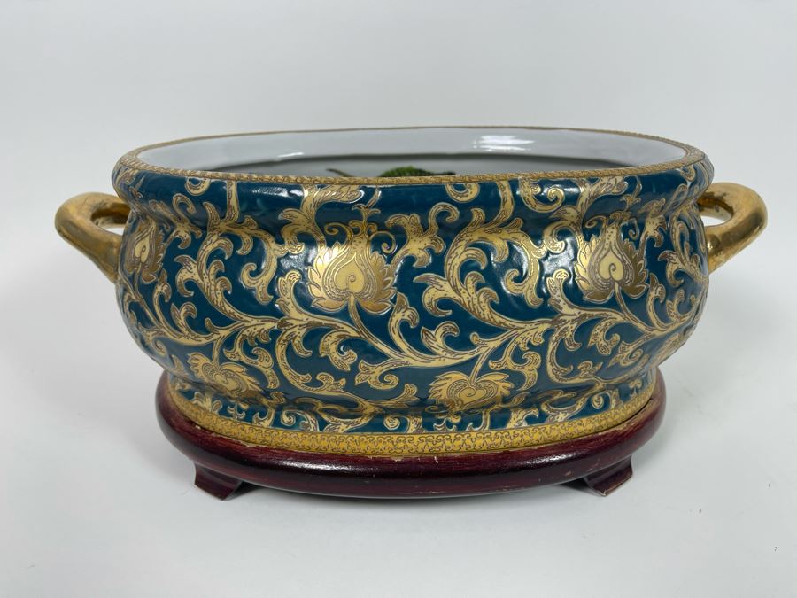 Contemporary Chinese Bowl With Handles And Wooden Stand 17W X 10.5D X 8H [Photo 4]