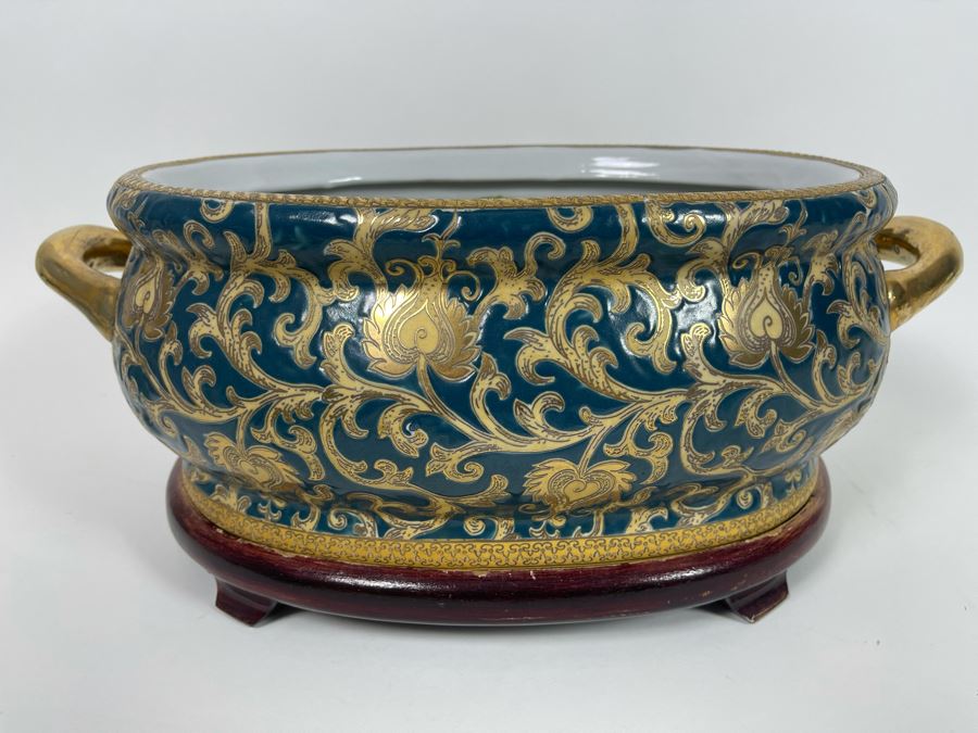 Contemporary Chinese Bowl With Handles And Wooden Stand 17W X 10.5D X 8H [Photo 3]