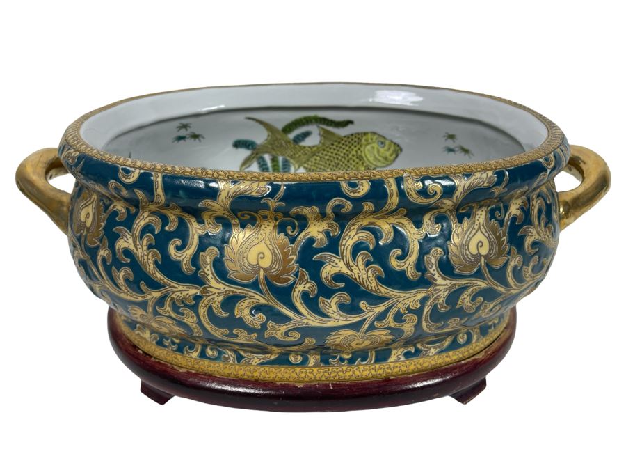 JUST ADDED - Contemporary Chinese Bowl With Handles And Wooden Stand 17W X 10.5D X 8H [Photo 1]