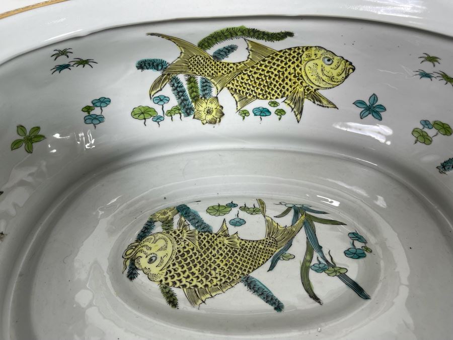 Contemporary Chinese Bowl With Handles And Wooden Stand 17W X 10.5D X 8H [Photo 6]