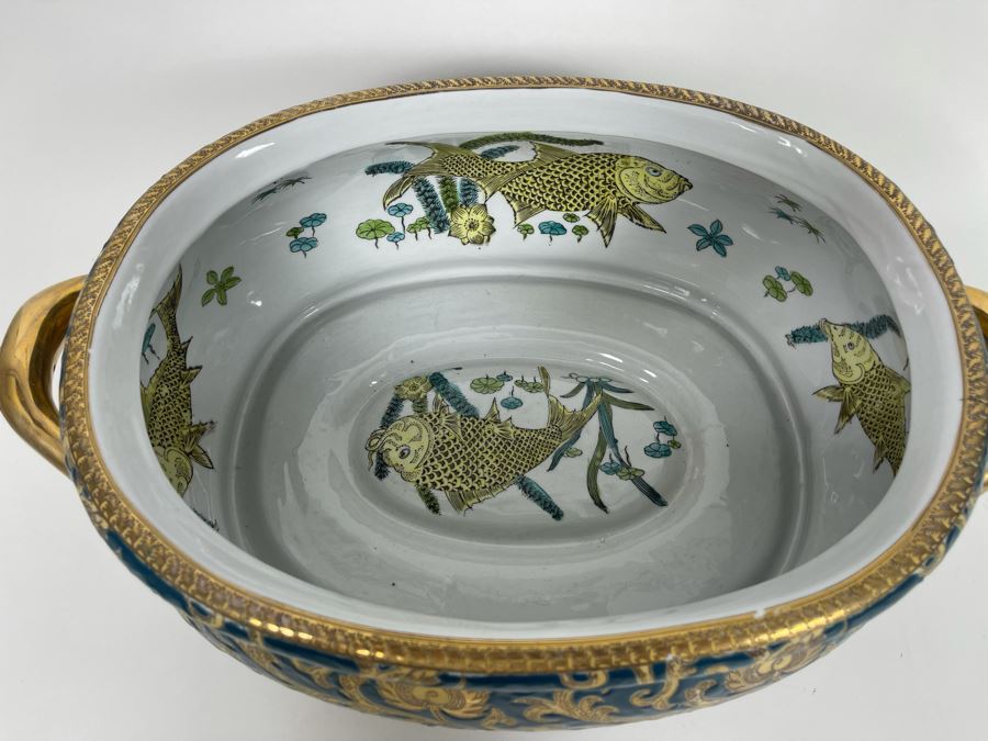 Contemporary Chinese Bowl With Handles And Wooden Stand 17W X 10.5D X 8H [Photo 5]