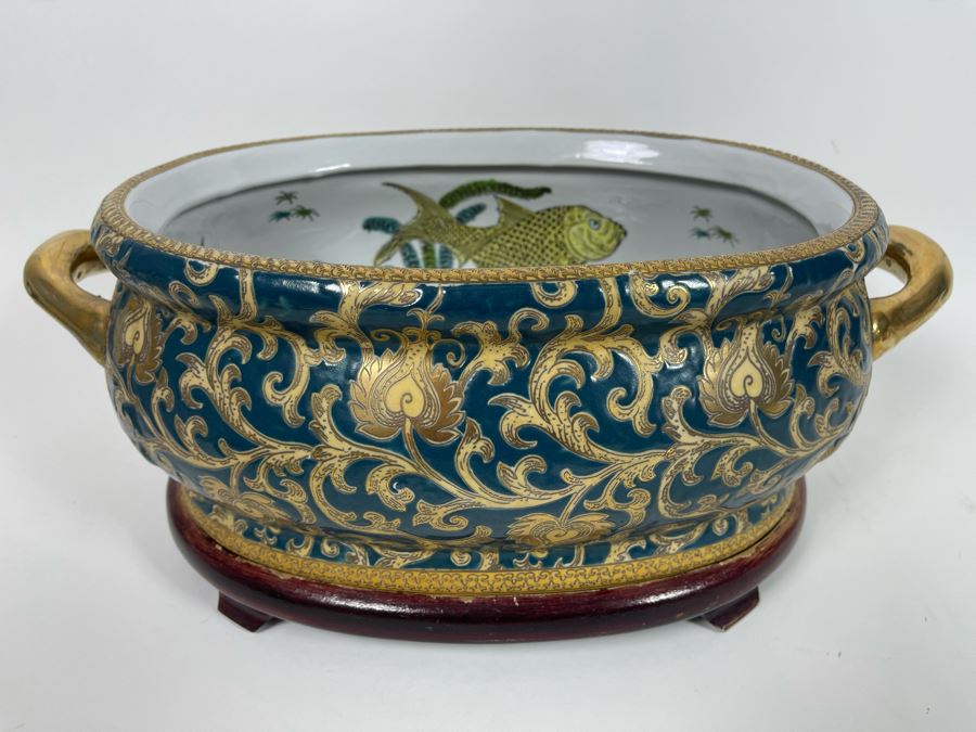 Contemporary Chinese Bowl With Handles And Wooden Stand 17W X 10.5D X 8H [Photo 2]