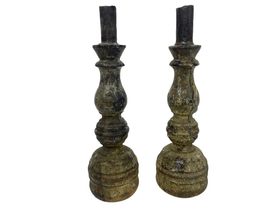 Pair Of Old Turned Wooden Candlesticks 9.5H