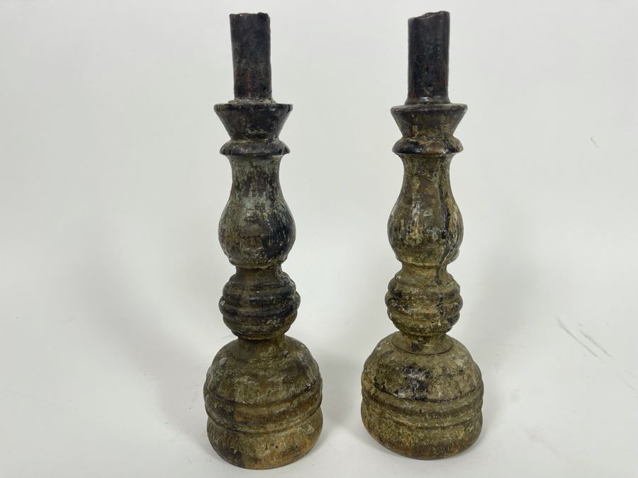 Pair Of Old Turned Wooden Candlesticks 9.5H [Photo 2]
