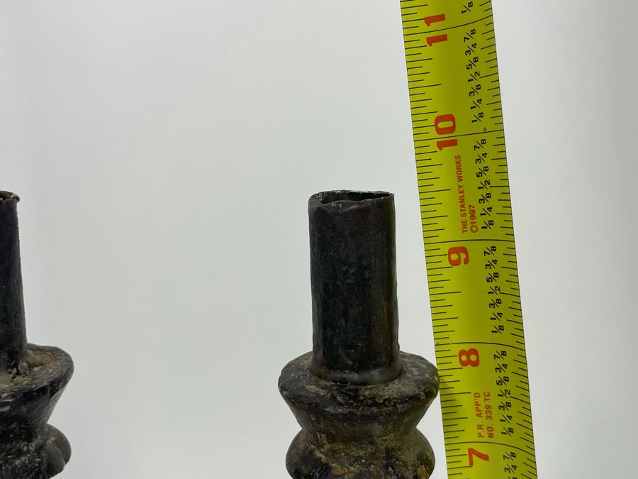 Pair Of Old Turned Wooden Candlesticks 9.5H [Photo 5]