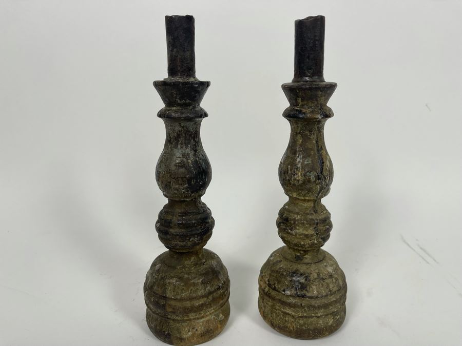 Pair Of Old Turned Wooden Candlesticks 9.5H [Photo 3]