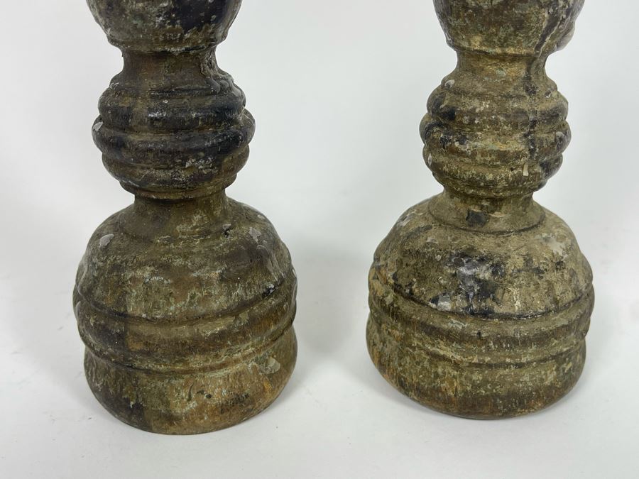 Pair Of Old Turned Wooden Candlesticks 9.5H [Photo 4]