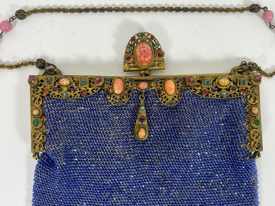 Vintage Blue Beaded Purse 7W X 10H