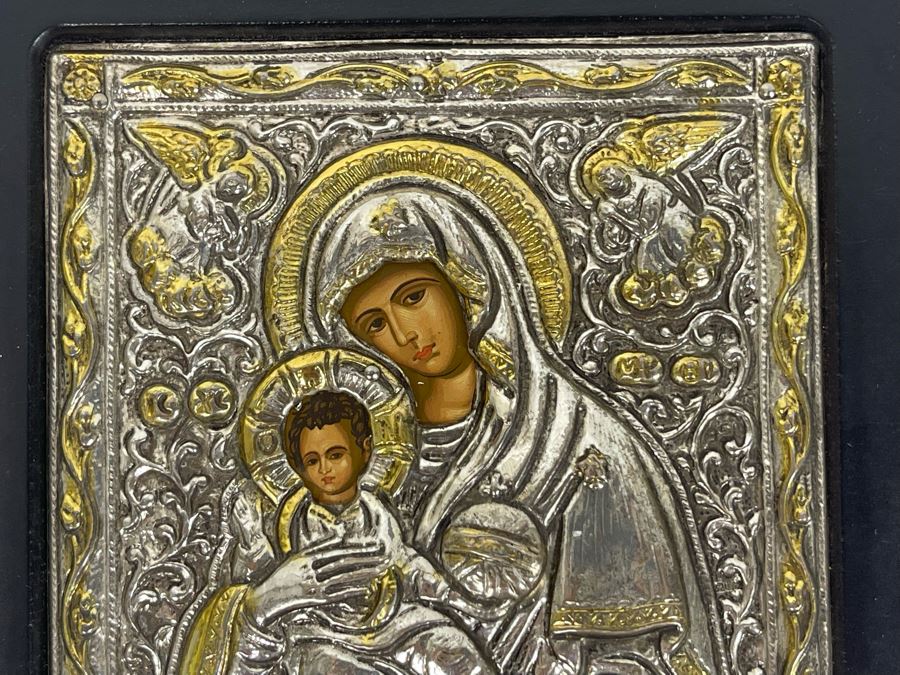 Copy Of An Old Byzantine Icon Worked On Canvas And Clad In 950 Sterling Silver 5 X 5.5 [Photo 5]