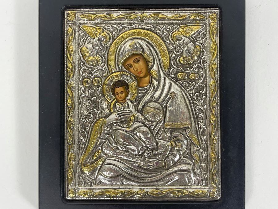 Copy Of An Old Byzantine Icon Worked On Canvas And Clad In 950 Sterling Silver 5 X 5.5 [Photo 4]