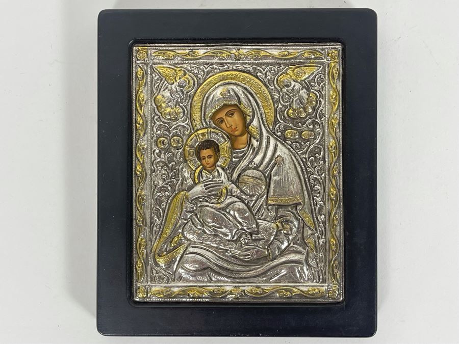 Copy Of An Old Byzantine Icon Worked On Canvas And Clad In 950 Sterling Silver 5 X 5.5 [Photo 3]
