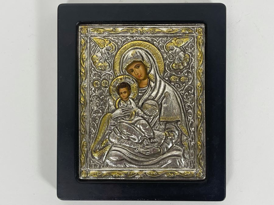 Copy Of An Old Byzantine Icon Worked On Canvas And Clad In 950 Sterling Silver 5 X 5.5 [Photo 2]