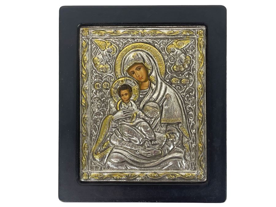 Copy Of An Old Byzantine Icon Worked On Canvas And Clad In 950 Sterling Silver 5 X 5.5 [Photo 1]