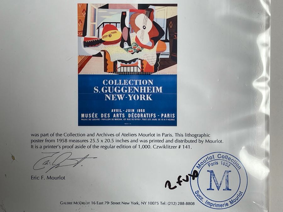 1958 Lithographic Pablo Picasso Poster From Collection Of Solomon Guggenheim New York Printer's Proof From The Collection And Archives Of Ateliers Mourlot In Paris With Certificate Of Authenticity In Excellent Condition 25.5 X 20.5 [Photo 8]