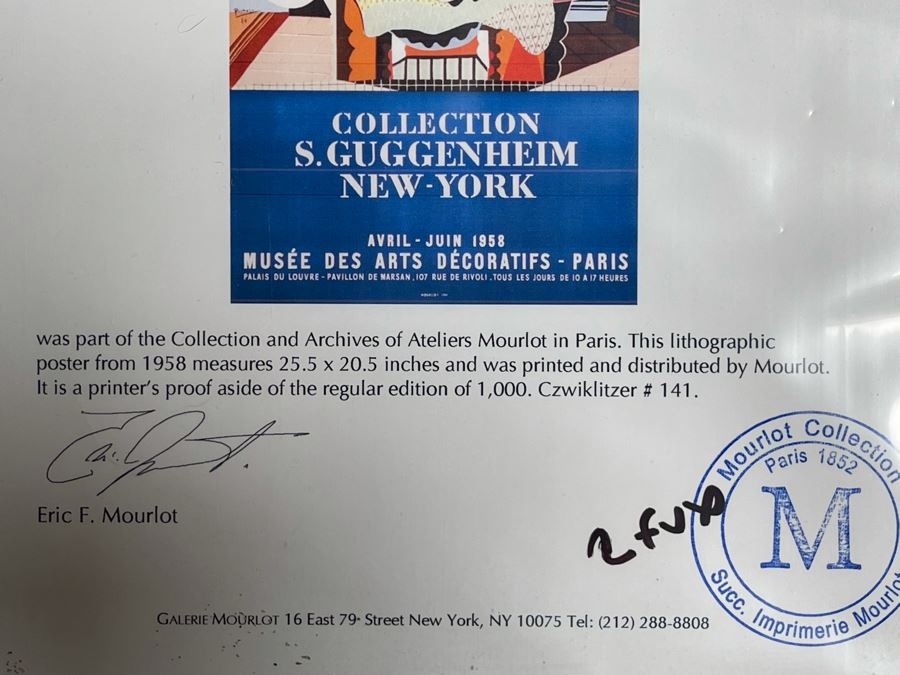 1958 Lithographic Pablo Picasso Poster From Collection Of Solomon Guggenheim New York Printer's Proof From The Collection And Archives Of Ateliers Mourlot In Paris With Certificate Of Authenticity In Excellent Condition 25.5 X 20.5 [Photo 9]
