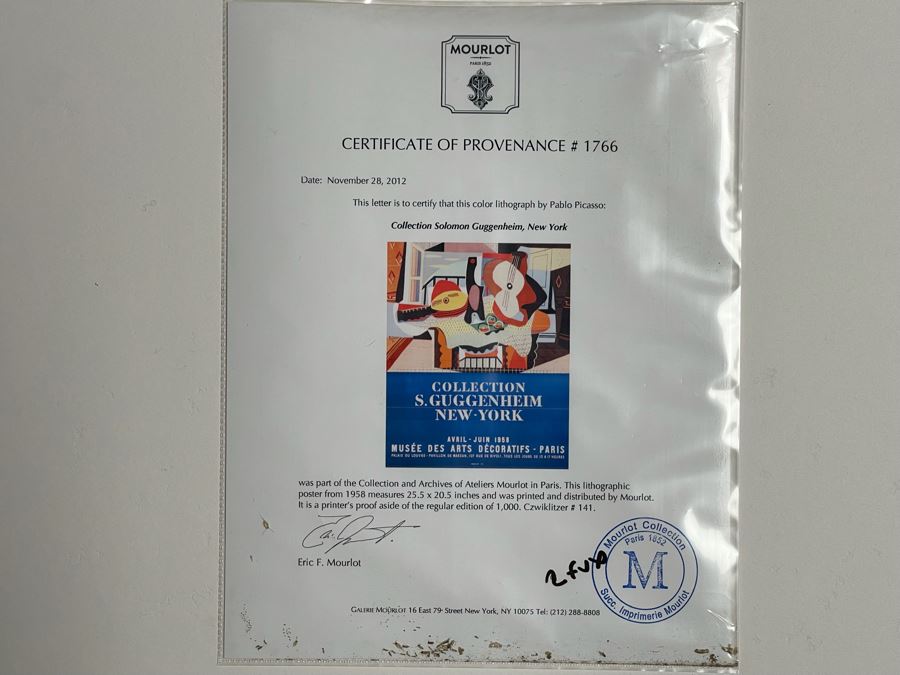 1958 Lithographic Pablo Picasso Poster From Collection Of Solomon Guggenheim New York Printer's Proof From The Collection And Archives Of Ateliers Mourlot In Paris With Certificate Of Authenticity In Excellent Condition 25.5 X 20.5 [Photo 6]