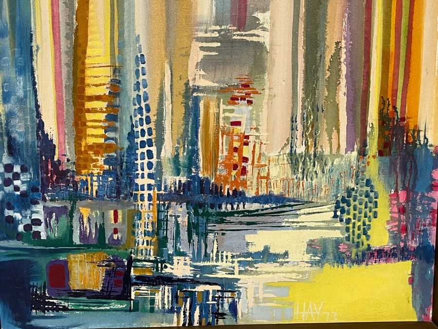 Original 1973 Abstract Painting On Canvas Titled 'Day Of Rain In The Capital' San Miguel De Allende Mexico Signed Hay 31 X 37 [Photo 7]