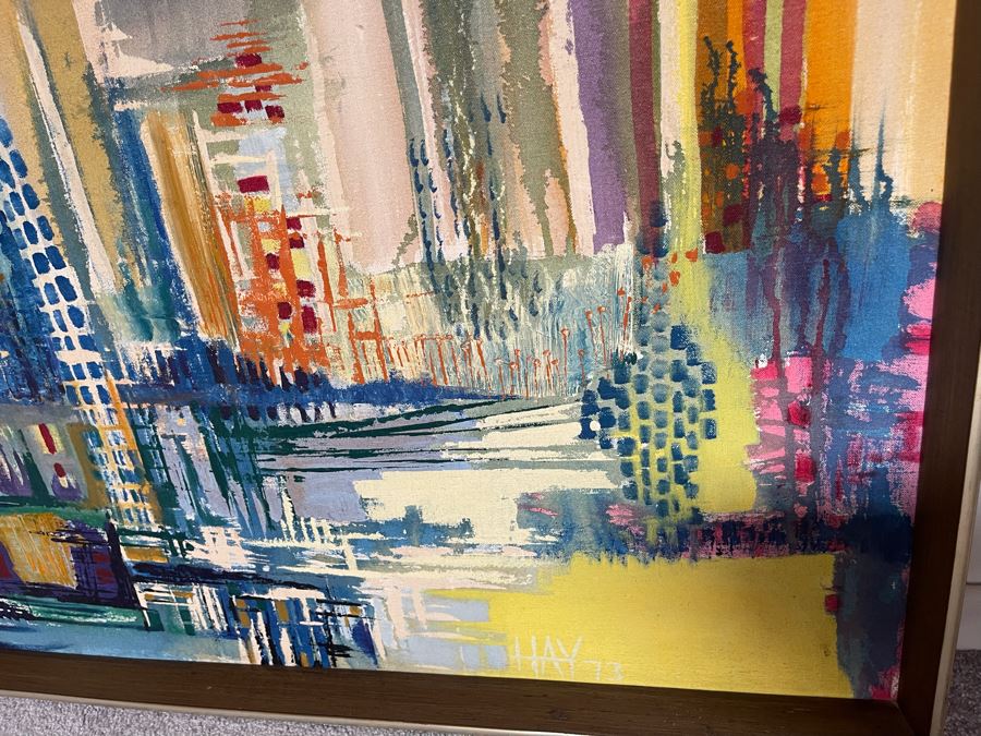 Original 1973 Abstract Painting On Canvas Titled 'Day Of Rain In The Capital' San Miguel De Allende Mexico Signed Hay 31 X 37 [Photo 6]