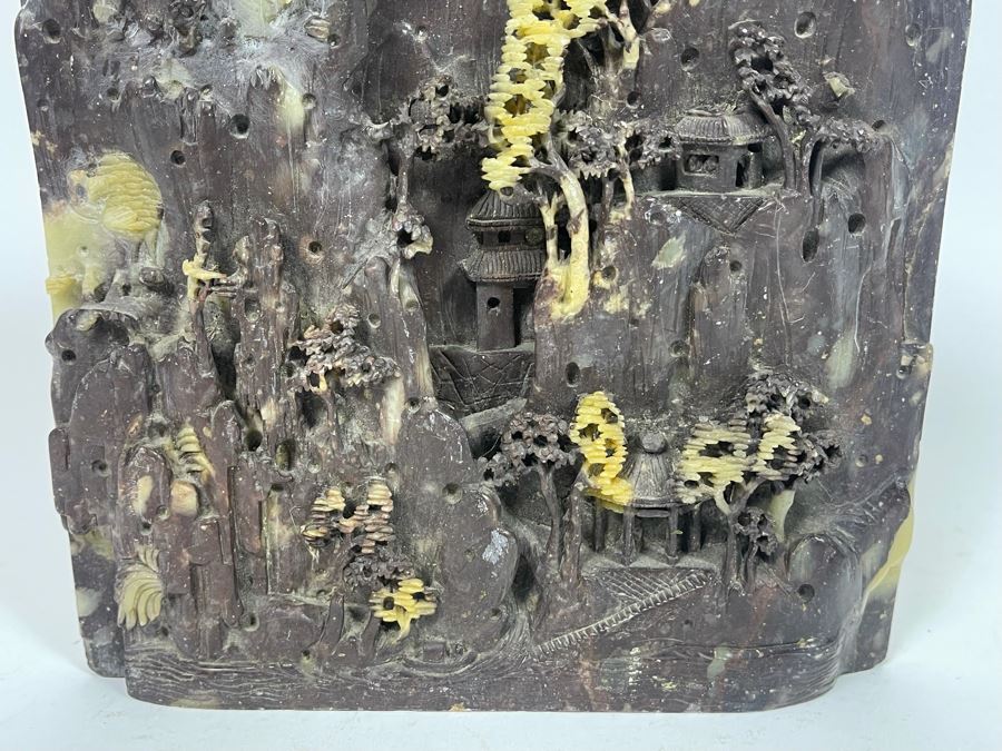 Chinese Relief Carved Soapstone Landscape Sculpture 7W X 8H X 1.5D [Photo 5]