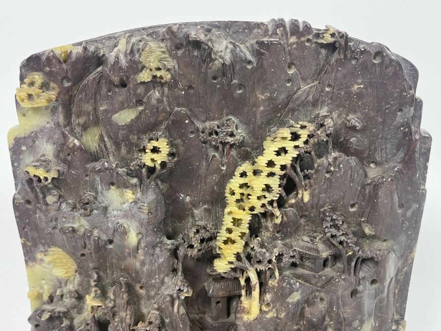 Chinese Relief Carved Soapstone Landscape Sculpture 7W X 8H X 1.5D [Photo 7]