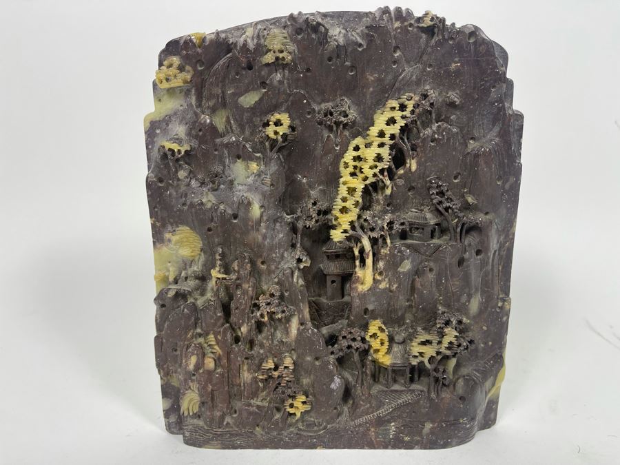 Chinese Relief Carved Soapstone Landscape Sculpture 7W X 8H X 1.5D [Photo 2]